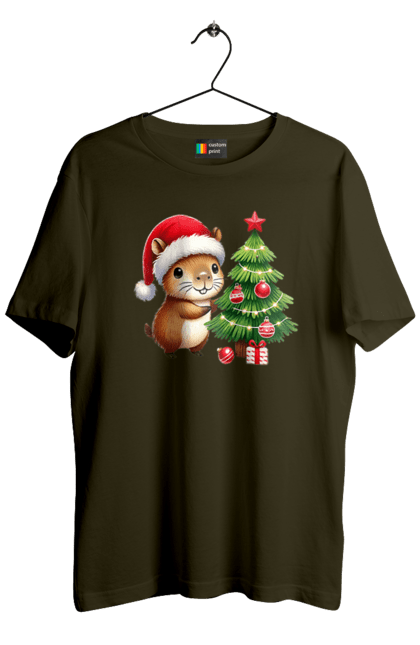 Men's t-shirt with prints Christmas Capybara with a Tree. Animal, capybara, christmas, christmas capybara, christmas tree, gift, holiday, new year, new year`s gift, santa. 2070702