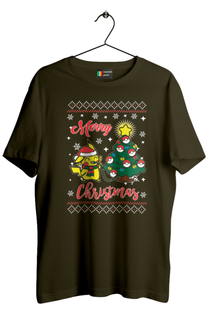 Men`s t-shirt with prints Pikachu Merry Christmas. Anime, christmas, game, manga, merry christmas, nintendo, pikachu, pokemon. 2070702