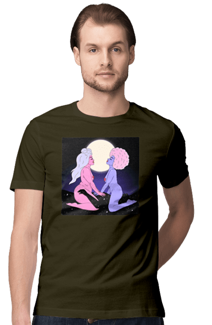 Футболка чоловіча з принтом "Дві Інопланетянки І Місяць". Дівчата, зверху, інопланетянки. 2070702