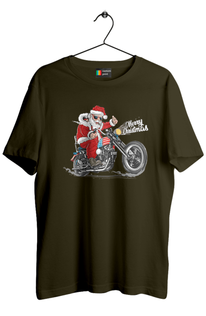 Футболка чоловіча з принтом "Санта в окулярах на мотоциклі". Байкер, дід мороз, зима, мотоцикл, новий рік, різдво, санта, санта клаус, сніг, щасливого різдва. CustomPrint.market