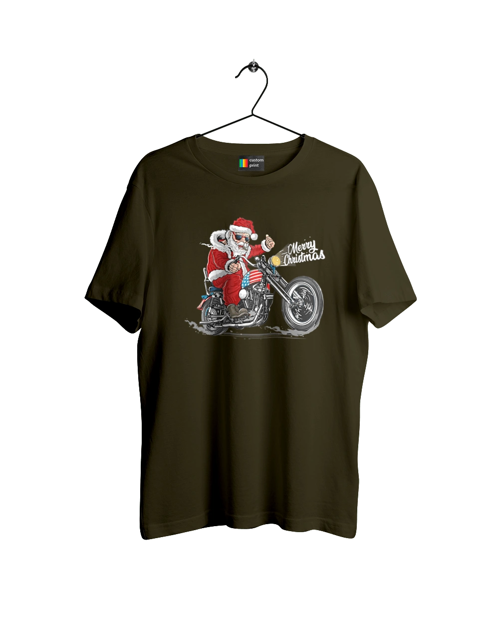 Santa in glasses on a motorcycle