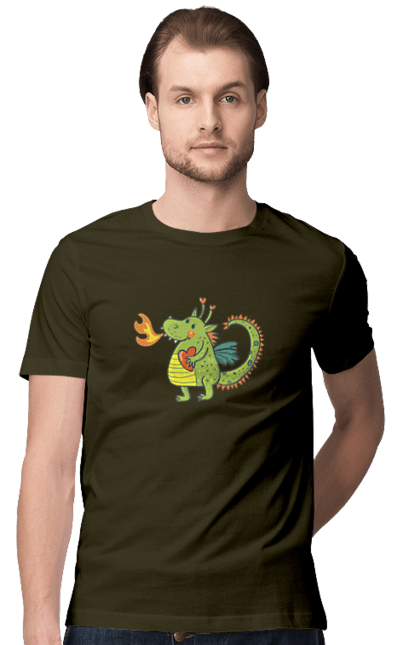 Men's t-shirt with prints Dragon in love. Dragon, fire, green dragon, heart, hearts, love, new year, symbol 2024. 2070702