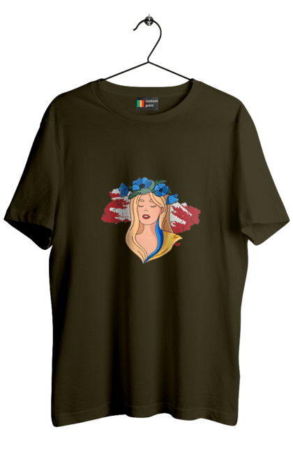 Футболка чоловіча з принтом "Дівчина на карті України". Дівчина, дівчина на карті, жовтий, карта україни, квіти, прапор, синій, україна, червоний. 2070702