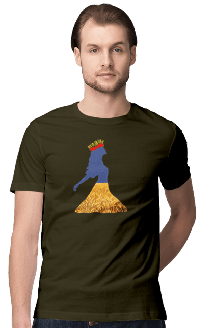Men`s t-shirt with prints Ukraine. Girl, national colors, poppies, sky, wheat field, wreath, yellow blue. 2070702