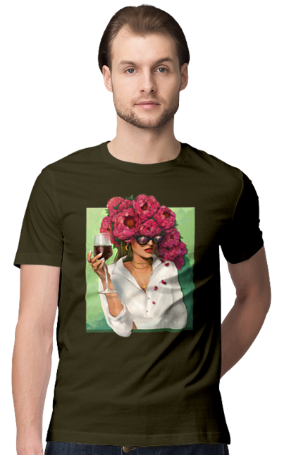Футболка мужская с принтом Девушка с пионами и бокалом. Бокал, вино, девушка, лето, очки, пионы, рубашка, цветок. 2070702