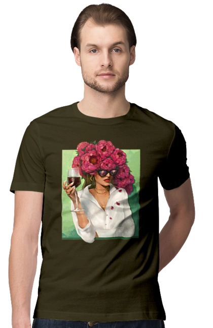 Девушка с пионами и бокалом