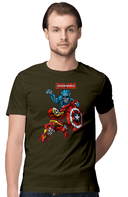 Футболка мужская с принтом Железный человек vs Капитан Америка. Captain america, civil war, iron man, marvel, marvel comics, железный человек, капитан америка, марвел, мстители, тони старк. 2070702