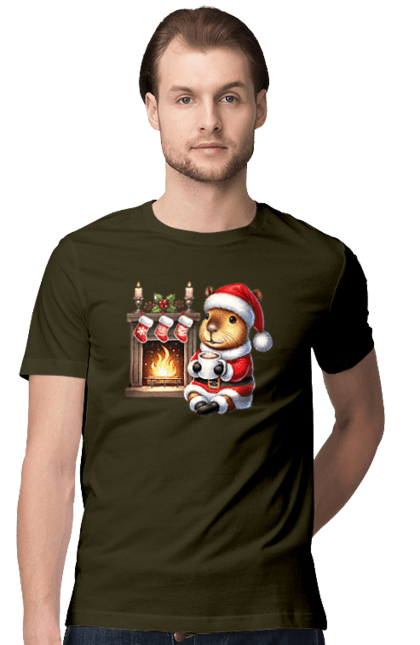 Men's t-shirt with prints Capybara by the fireplace with hot chocolate. Animal, capybara, christmas, christmas capybara, fireplace, gift, holiday, hot chocolate, new year, santa. 2070702