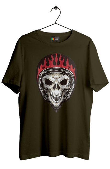 Men`s t-shirt with prints Skull in a motorcycle helmet. Helmet, moto, skeleton, skull. 2070702