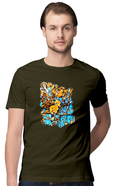 Футболка мужская с принтом Желтые цветы на синем фоне.. Art, желто синий, желтые цветы, желтый и синий, природа, рисунок, сине желтый, синий и желтый, цветы. 2070702