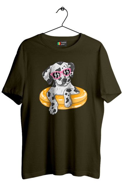 Футболка чоловіча з принтом "Далматинець Плаває У Колі". Далматинець, окуляри, плавати, собака. 2070702