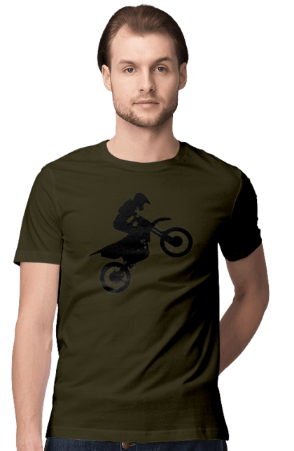 Футболка чоловіча з принтом "Силует Мотоцикліста". Мотоцикл, мотоцикліст, шолом. CustomPrint.market