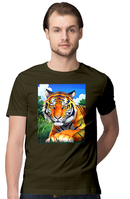 Футболка чоловіча з принтом "Тигр у квітах". Тигр, тигр на природі, тигр у квітах. CustomPrint.market