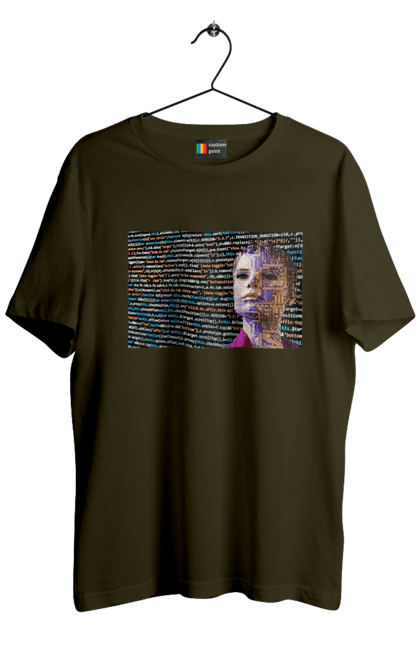 Футболка чоловіча з принтом "Штучний Розум". Айті, айтішник, гик, жінка, знання, інженер, інтелект, кібер, кібернетика, кіборг, код, комп, комп`ютерник, кристал, машинне навчання, мікросхема, мозок, портрет, програміст, професіонал, професія, розробник, розум, світиться, світло, хакер, чіп, штучний інтелект, штучний розум. 2070702