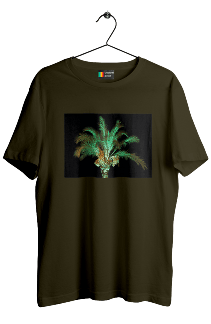 Футболка чоловіча з принтом "Фінікова Пальма Вночі". Берег, відпочинок, відпустка, зелений, море, ніч, оазис, океан, острів, пальма, південь, подорож, пригоди, тропіки, фінікова, чорне. 2070702