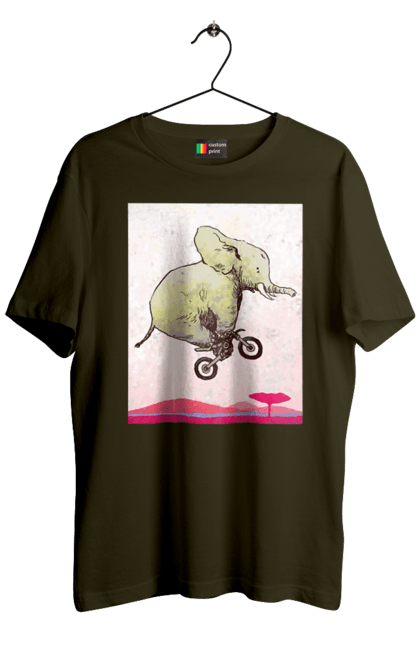 Men`s t-shirt with prints Elephant On A Motorcycle. Elephant, flight, motorcycle. 2070702