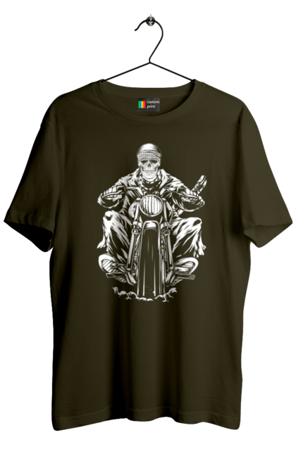Men`s t-shirt with prints Skull on a motorcycle. Biker, motorcycle, skeleton, skull. 2070702