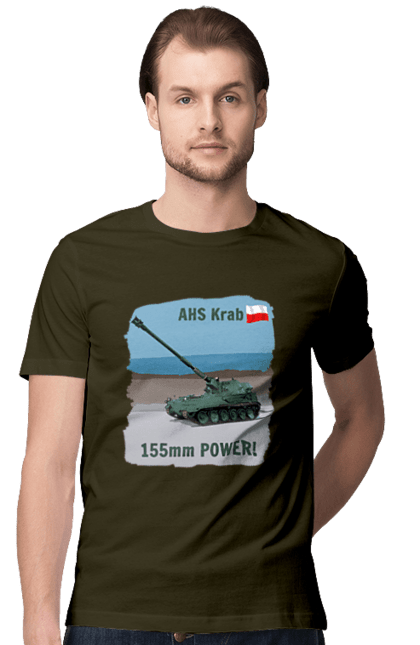 Футболка чоловіча з принтом "155mm Power! САУ Krab оливковий". Ahs krab, артилерія, гаубиця, краб, польща, сау. 2070702