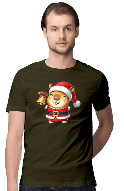 Men's t-shirt with prints Funny capybara with a bell. Animal, bell, capybara, christmas, christmas capybara, gift, holiday, new year, new year`s gift, santa. 2070702