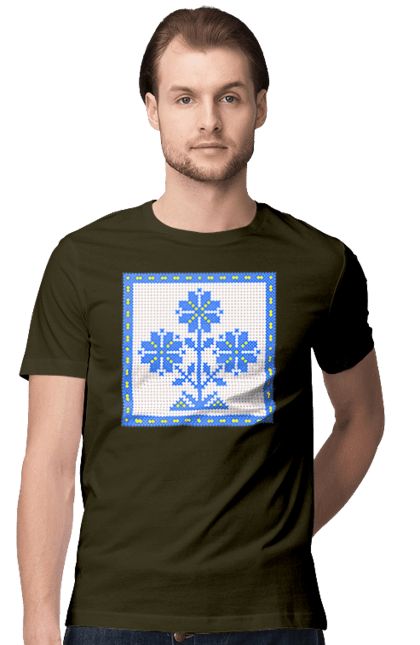 Футболка чоловіча з принтом "Жовто блакитна вишивка квіти". Вишивка, вишивка хрестиком, квіти, символ україни, традиції україни, україна. 2070702
