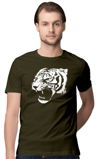 Футболка чоловіча з принтом "Тигр моно білий". Велика кішка, великий кіт, дика природа, дикий, звір, зуби, паща, погляд, портрет, природа, стилізація, тварина, тигр, хижак. CustomPrint.market