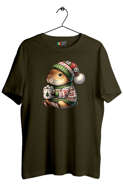 Men's t-shirt with prints Capybara with hot chocolate. Animal, capybara, christmas, christmas capybara, gift, holiday, hot chocolate, new year, santa. 2070702