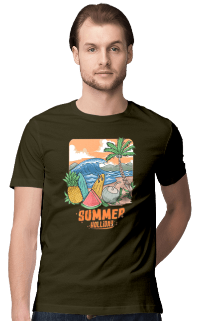 Футболка чоловіча з принтом "Літні Свята". Ананас, літо, море, пальма, хвилі. 2070702