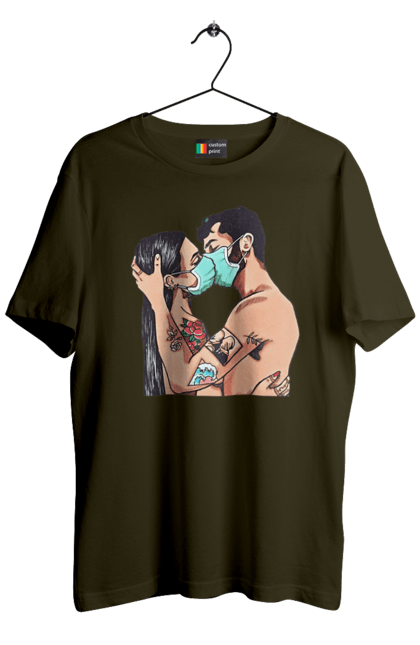 Футболка чоловіча з принтом "Коронавірусна Любов". Карантин, коронавірус, кохання, маска, поцілунок. 2070702