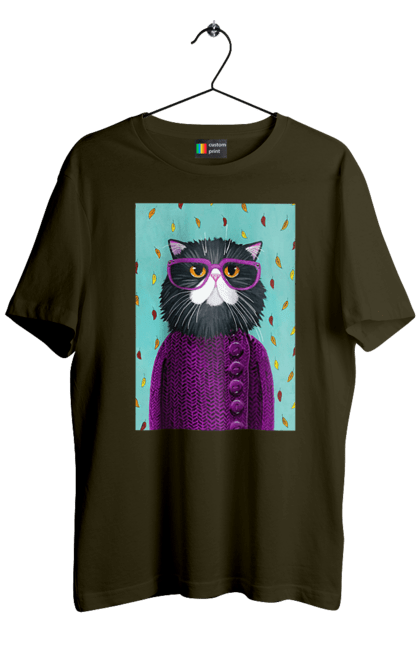 Футболка чоловіча з принтом "Кот в светрі і окулярах". Кіт, окуляри, осінь, светр, холод. CustomPrint.market