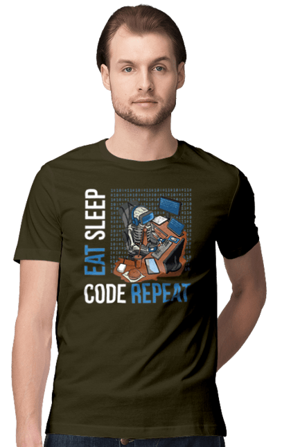 Футболка чоловіча з принтом "Їж Cпи Кодуй Повторюй". Айті, айтішник, для айтішника, для програміста, їж спи, кодуй повторюй, подарунок айтішнику, подарунок програмісту, програміст, розробник. 2070702