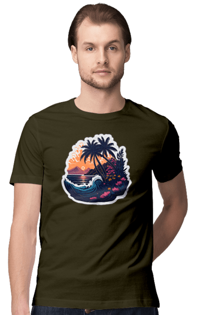 Футболка чоловіча з принтом "Дивовижна пальма біля моря на закаті сонця". Закат сонця, море, пальма. CustomPrint.market