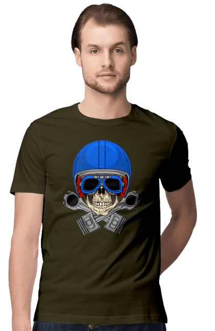 Футболка чоловіча з принтом "череп мотолюбитель". Байкер, окуляри, череп, шолом. 2070702