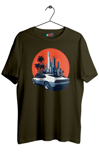 Футболка чоловіча з принтом "Авто". Гонка, захід сонця, спортивний автомобіль, швидкість. 2070702