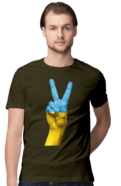 Футболка чоловіча з принтом "Два Пальця, Світ, Україна". Мир, рука, україна. 2070702