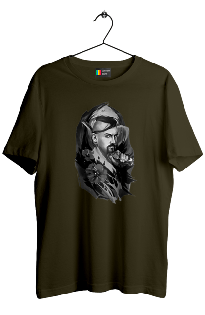 Футболка чоловіча з принтом "Козак". Вуса, квітки, козак, пістолет, справжній українець, чуб. 2070702