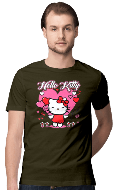 Футболка мужская с принтом Хелло Китти. Hello kitty, бренд, кот, котенок, персонаж, хелло китти. 2070702