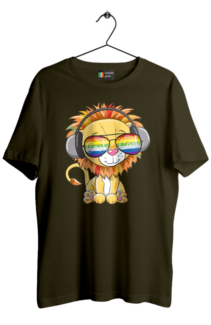 Men`s t-shirt with prints Lion In Glasses And Headphones. Glasses, headphones, lion cub. 2070702