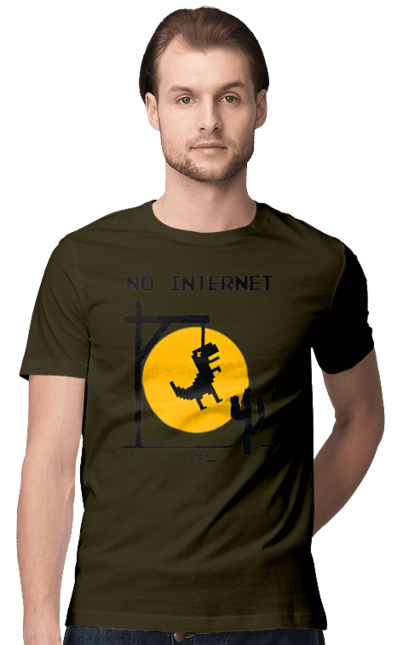 Футболка чоловіча з принтом "No Internet". Айті, без інтернету, гумор, динозавр повісився, мем, немає інтернету, прикол, смішна. 2070702