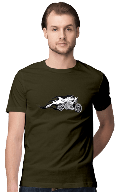 Футболка чоловіча з принтом "Мотоцикл Вогонь". Мото, мотоцикл, огонь. 2070702