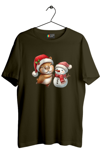 Men's t-shirt with prints Capybara and Snowman. Animal, capybara, christmas, christmas capybara, gift, holiday, new year, new year`s gift, santa, snowman. 2070702