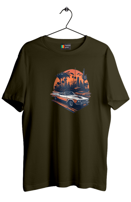 Men`s t-shirt with prints Beautiful car at sunset. Auto, sun, sunset. 2070702