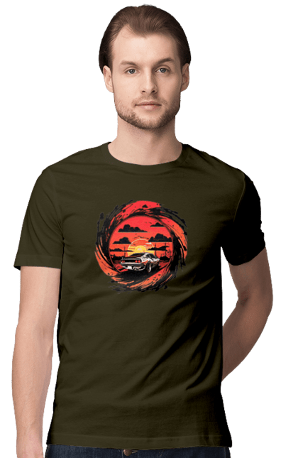 Футболка чоловіча з принтом "Феррарі на заході сонця". Авто, автомобіль, машини, феррарі. 2070702