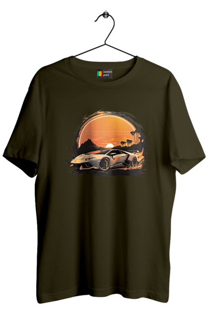 Футболка чоловіча з принтом "Ламборджині на заході сонця". Авто, автомобіль, ламборджині, машина, машини. 2070702