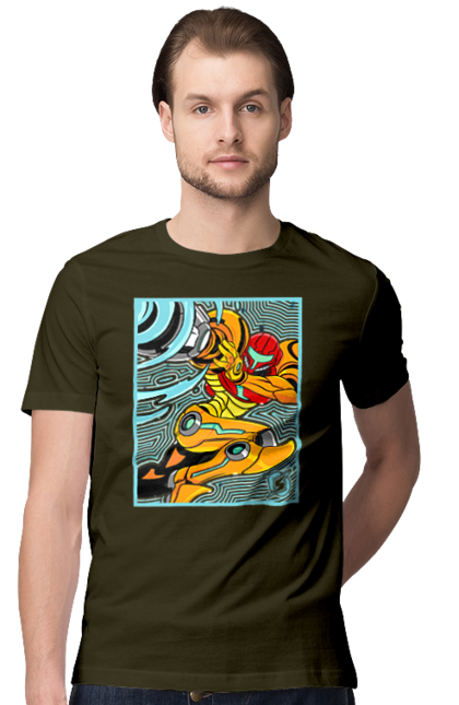 Men's t-shirt with prints Metroid Samus Aran. Game, head hunter, heroine, metroid, power suit, samus aran, video game. 2070702