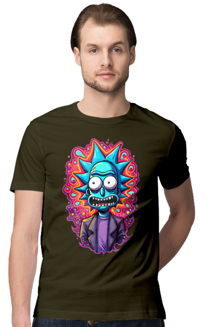 Men's t-shirt with prints Rick and Morty. Adventures, black humor, cartoon, rick, rick and morty, sci-fi, tragicomedy. 2070702