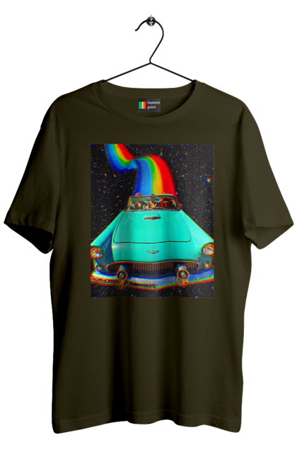 Футболка чоловіча з принтом "Картина, машина у космосі". Веселка, картина, космос, машина, подорожі, поїздка, прикол, ретро. 2070702