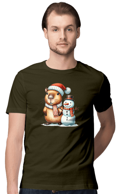 Men's t-shirt with prints Capybara and Snowman. Animal, capybara, christmas, christmas capybara, gift, holiday, new year, new year`s gift, santa, snowman. 2070702