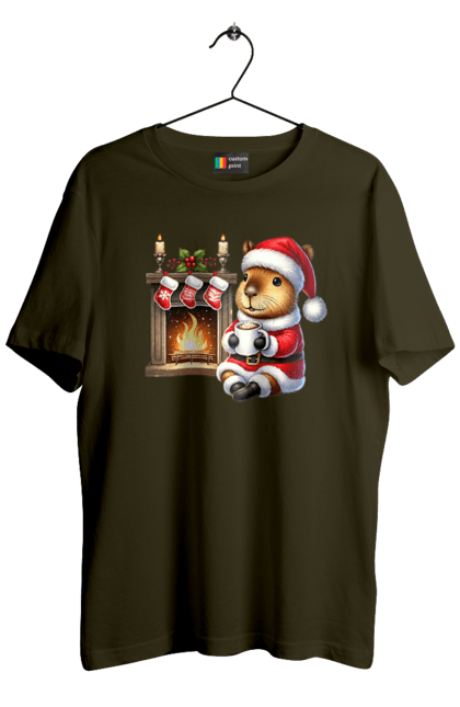 Men's t-shirt with prints Capybara by the fireplace with hot chocolate. Animal, capybara, christmas, christmas capybara, fireplace, gift, holiday, hot chocolate, new year, santa. 2070702