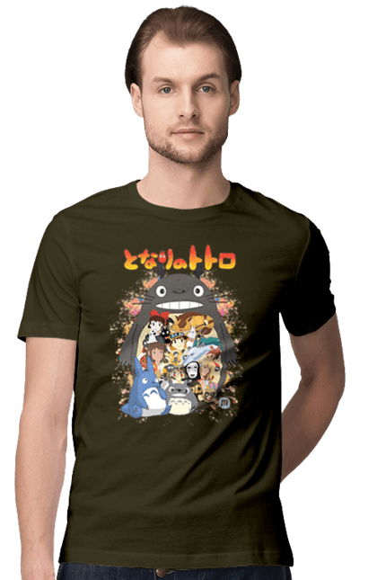 Men's t-shirt with prints Totoro. Adventures, anime, comedy drama, fantasy, film, my neighbor totoro, tv series. 2070702