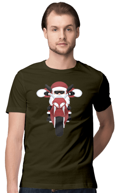 Футболка чоловіча з принтом "Санта на мотоциклі". Мотоцикл, новий рік, різдво, санта. 2070702